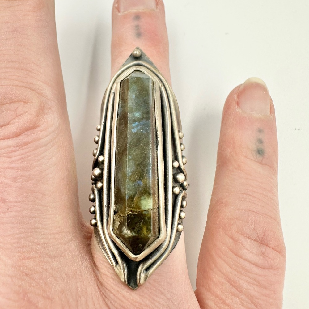 Acid Queen Labradorite Amplifier Warrior Shield Ring OOAK